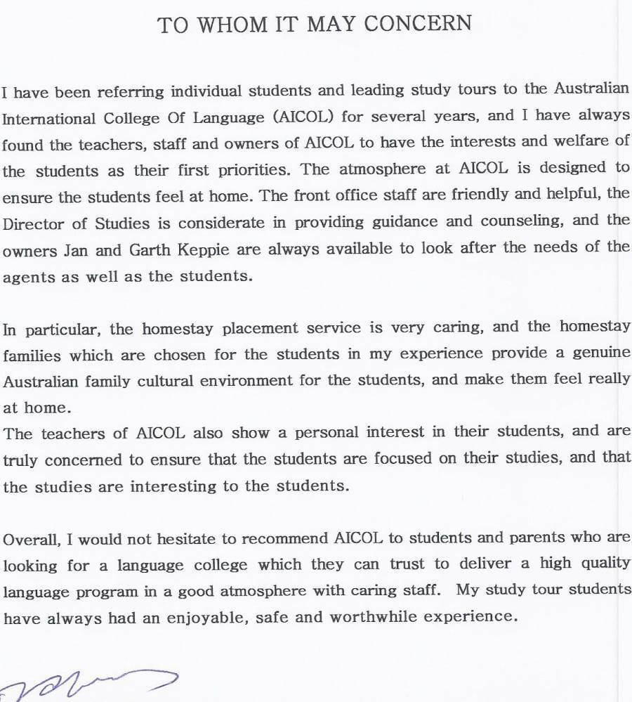 Kwang testimonial recommending AICOL study tours